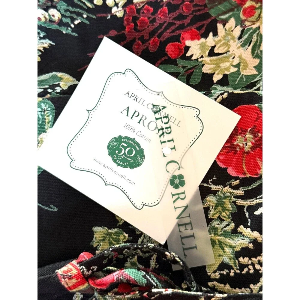 April Cornell Chef Apron Christmas Merry Black French Country Floral 100% Cotton